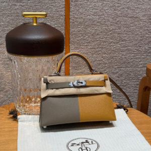Hermes Mini Kelly Handbag 18/Etoupe/2S/Sesame/2Z/Blue Nuit Epsom Leather