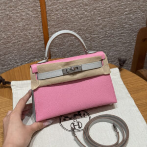 Hermes Mini Kelly Handbag 3Q/Rose Sakura/80/Gris Perle Epsom Leather