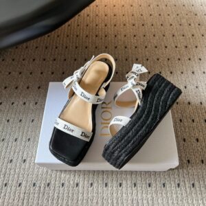 j'adior wedge slide with straps white embroidered cotton and natural raffia