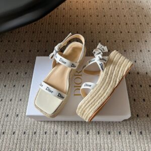 j'adior wedge slide with straps white embroidered cotton and natural raffia